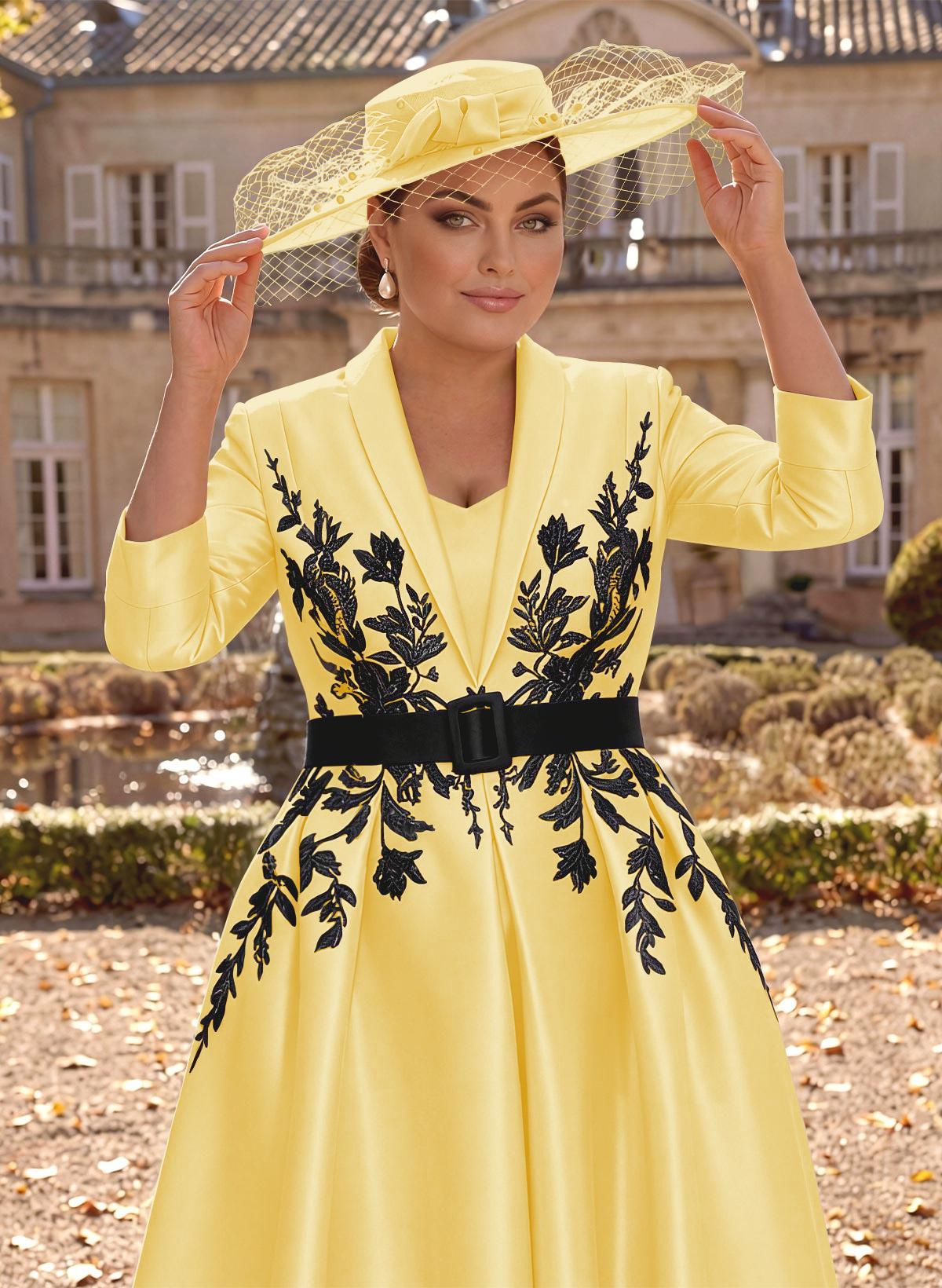 Ball-Gown V-Neck 3/4 Sleeves Tea-Length Satin Mother Of The Bride Dresses With Flower(s)