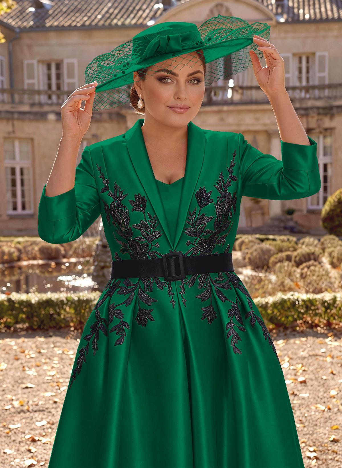 Ball-Gown V-Neck 3/4 Sleeves Tea-Length Satin Mother Of The Bride Dresses With Flower(s)