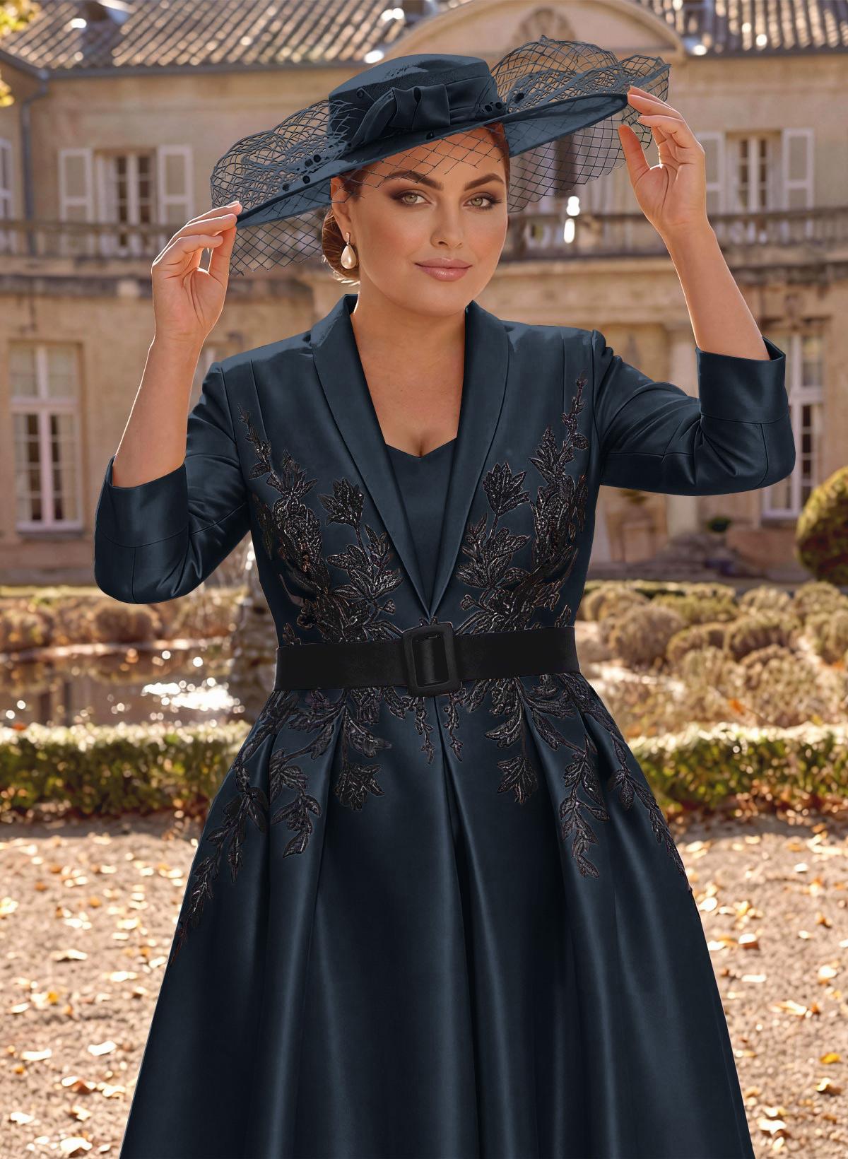 Ball-Gown V-Neck 3/4 Sleeves Tea-Length Satin Mother Of The Bride Dresses With Flower(s)
