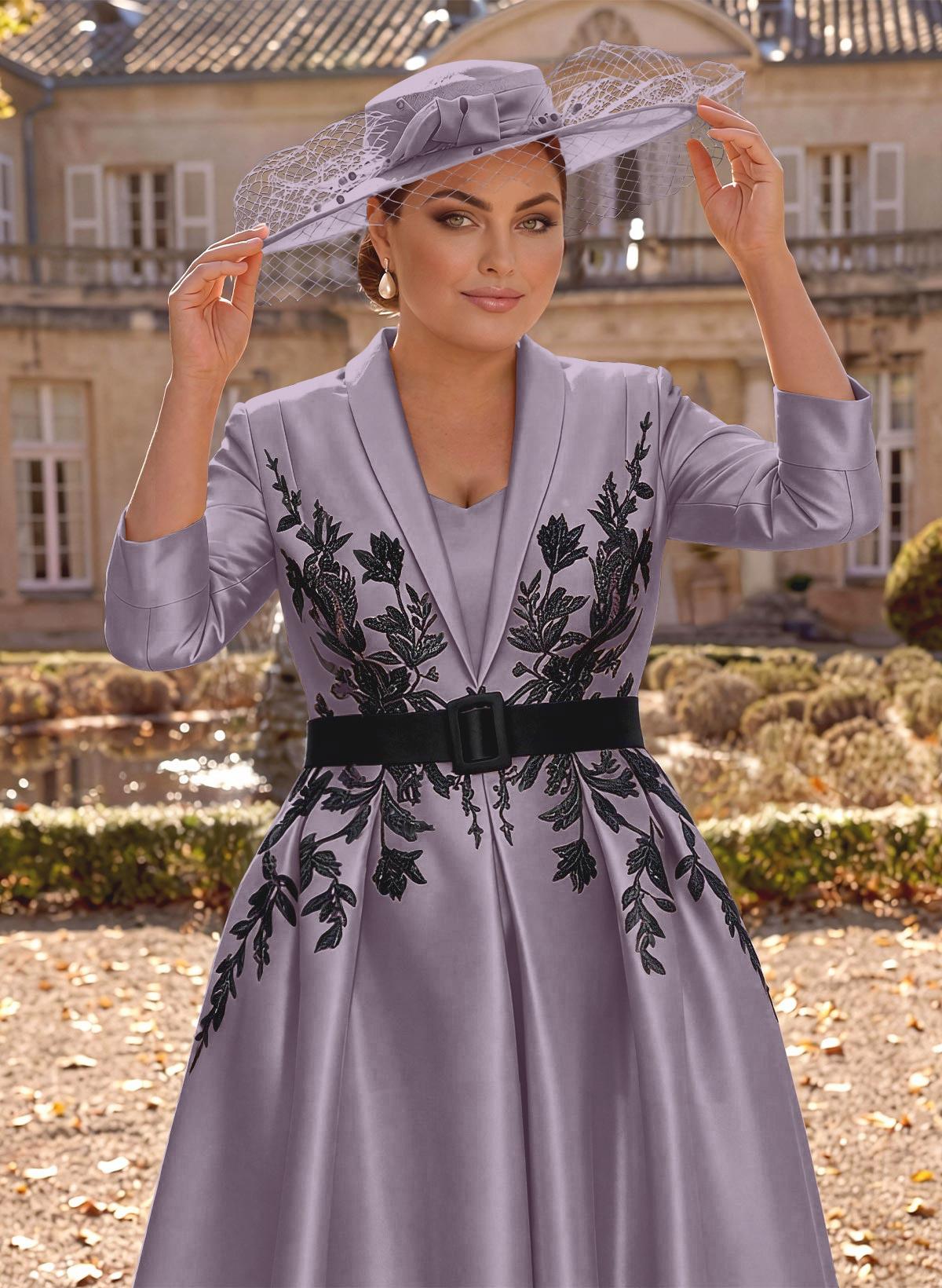 Ball-Gown V-Neck 3/4 Sleeves Tea-Length Satin Mother Of The Bride Dresses With Flower(s)