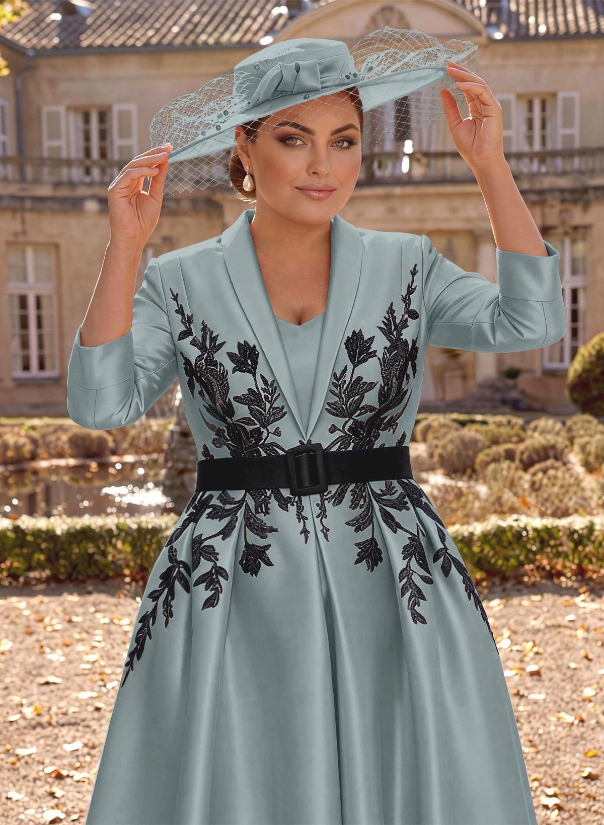 Ball-Gown V-Neck 3/4 Sleeves Tea-Length Satin Mother Of The Bride Dresses With Flower(s)