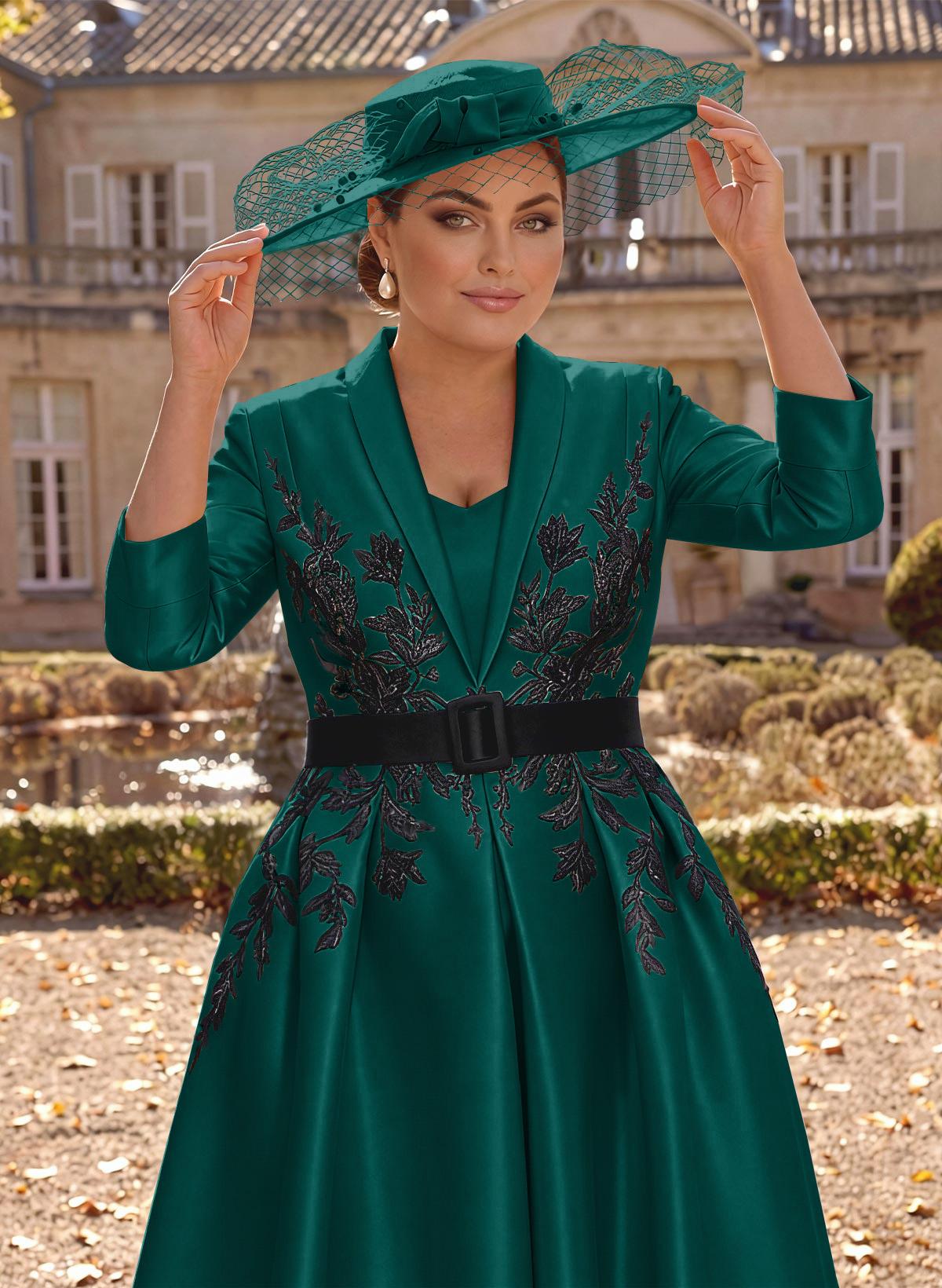 Ball-Gown V-Neck 3/4 Sleeves Tea-Length Satin Mother Of The Bride Dresses With Flower(s)