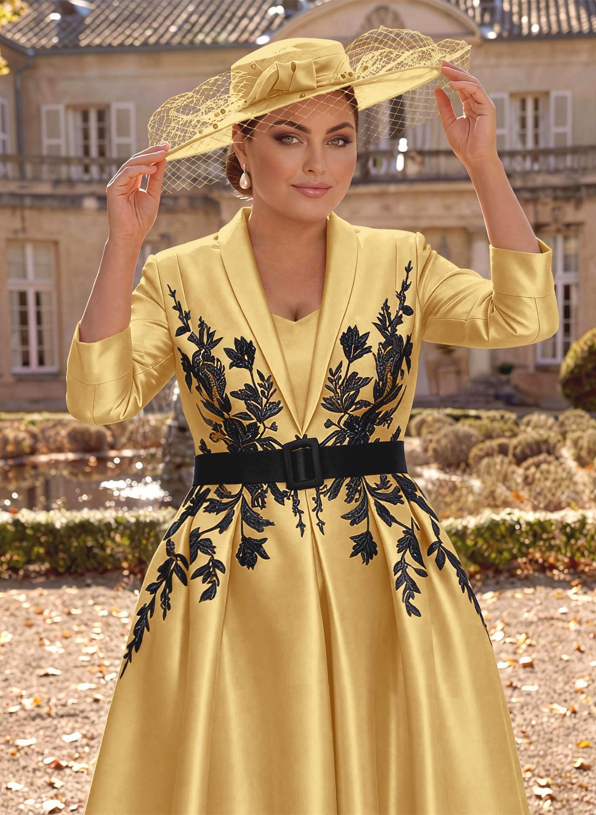 Ball-Gown V-Neck 3/4 Sleeves Tea-Length Satin Mother Of The Bride Dresses With Flower(s)
