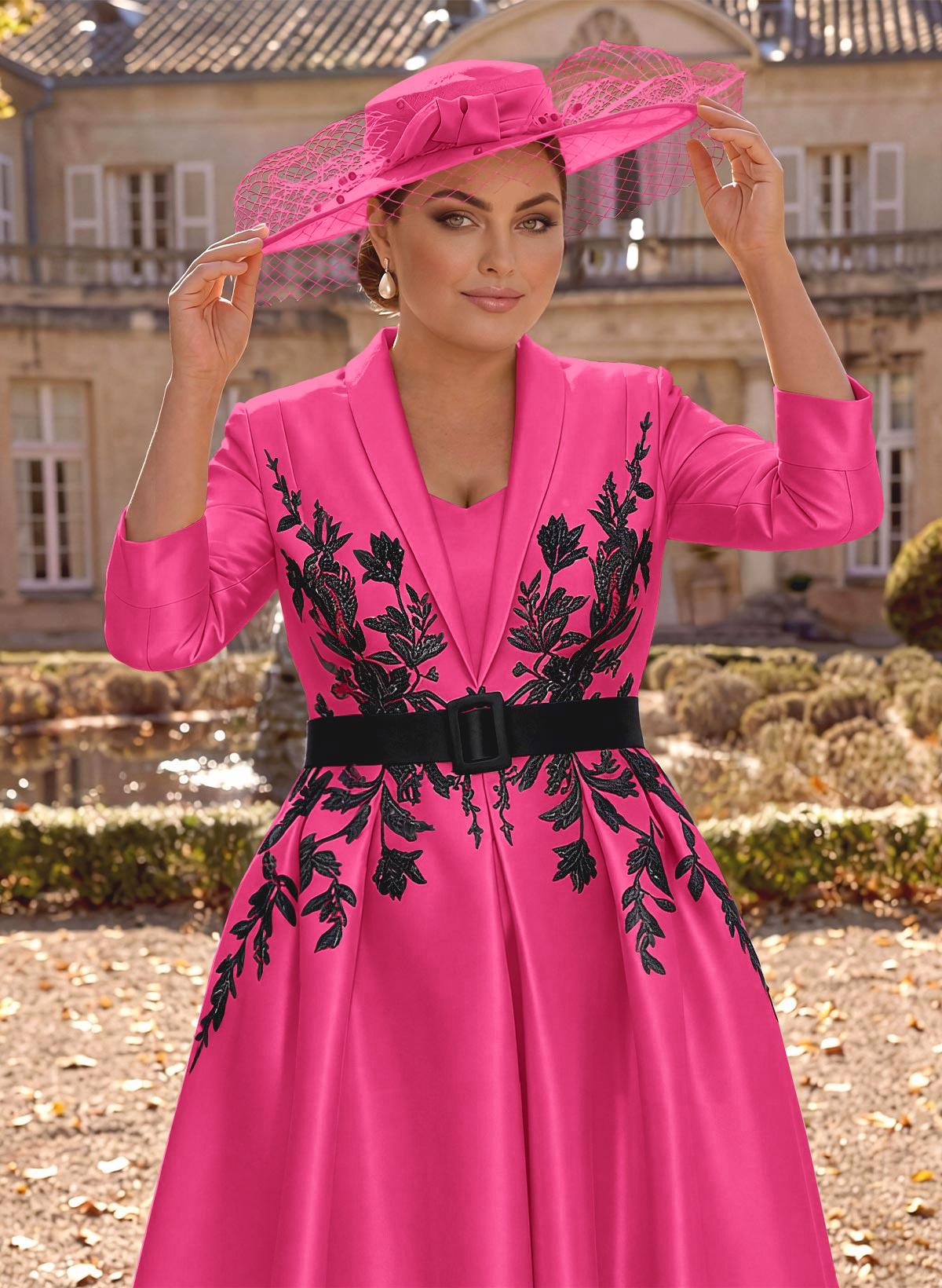 Ball-Gown V-Neck 3/4 Sleeves Tea-Length Satin Mother Of The Bride Dresses With Flower(s)