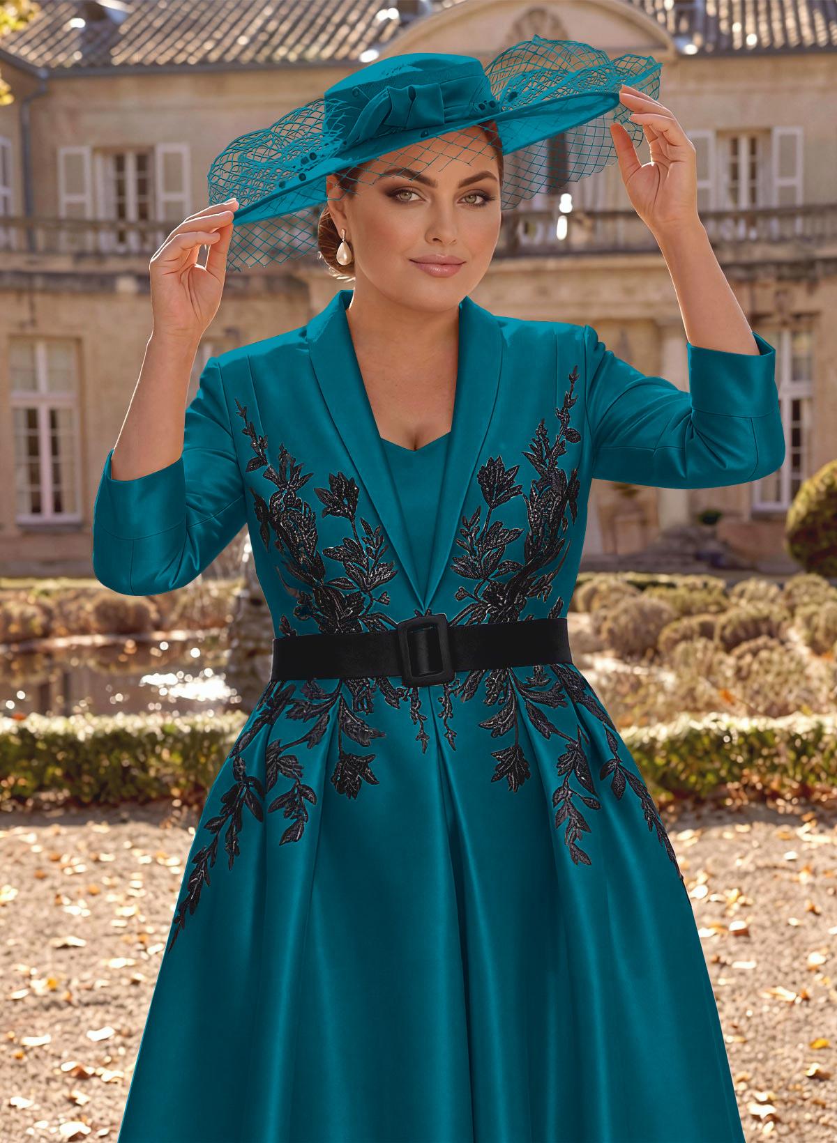 Ball-Gown V-Neck 3/4 Sleeves Tea-Length Satin Mother Of The Bride Dresses With Flower(s)