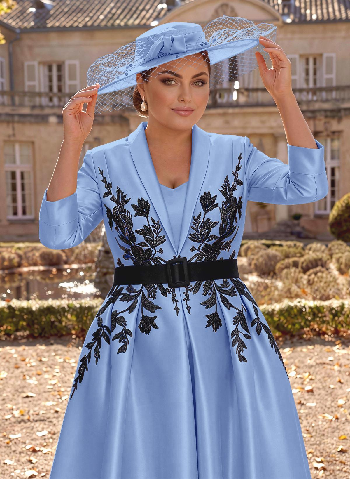 Ball-Gown V-Neck 3/4 Sleeves Tea-Length Satin Mother Of The Bride Dresses With Flower(s)
