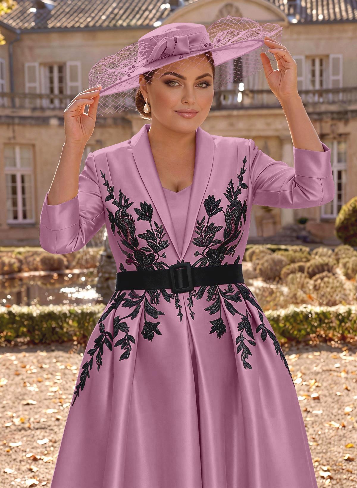 Ball-Gown V-Neck 3/4 Sleeves Tea-Length Satin Mother Of The Bride Dresses With Flower(s)