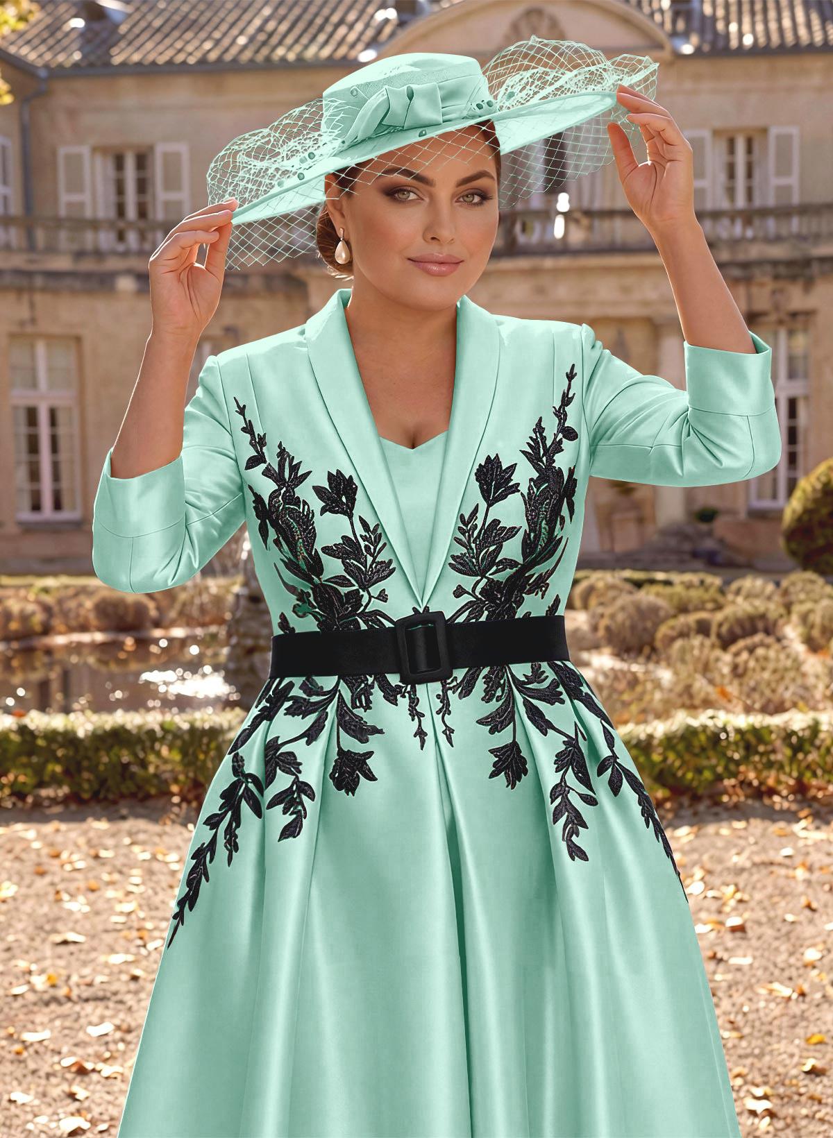 Ball-Gown V-Neck 3/4 Sleeves Tea-Length Satin Mother Of The Bride Dresses With Flower(s)