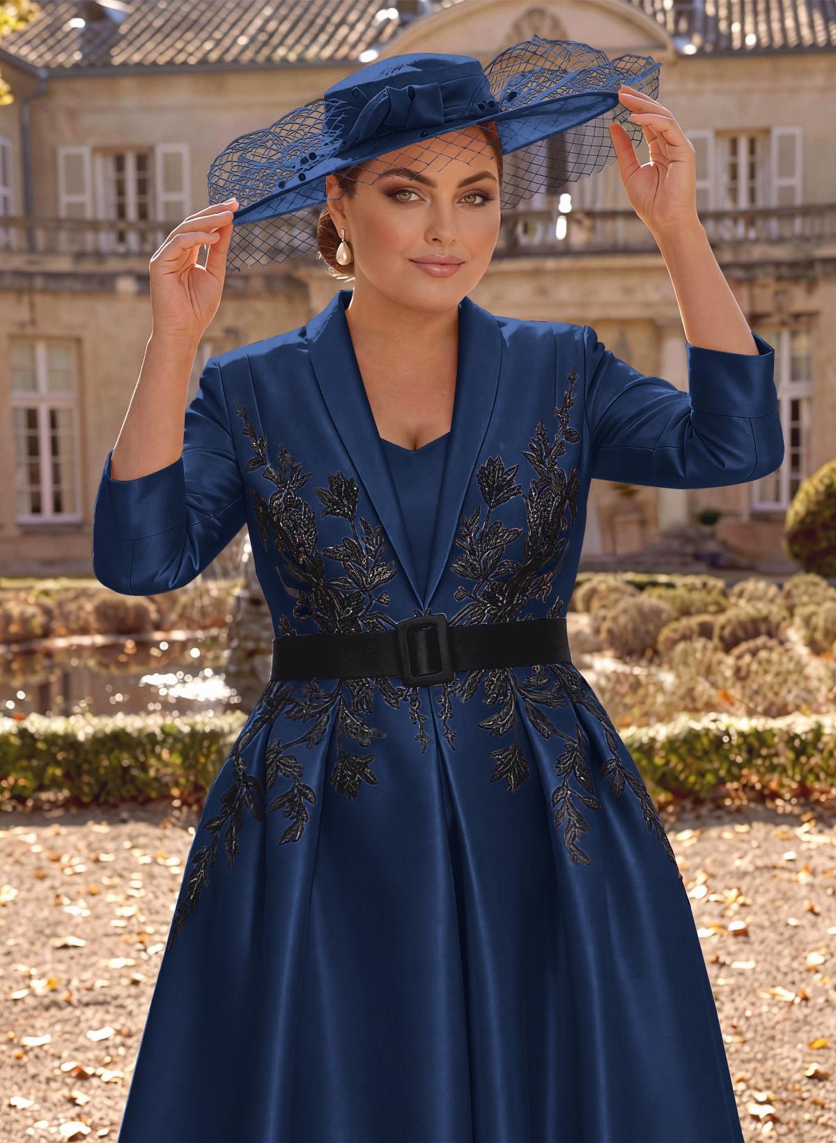 Ball-Gown V-Neck 3/4 Sleeves Tea-Length Satin Mother Of The Bride Dresses With Flower(s)