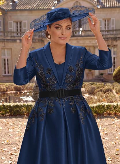 Ball-Gown V-Neck 3/4 Sleeves Tea-Length Satin Mother Of The Bride Dresses With Flower(s)
