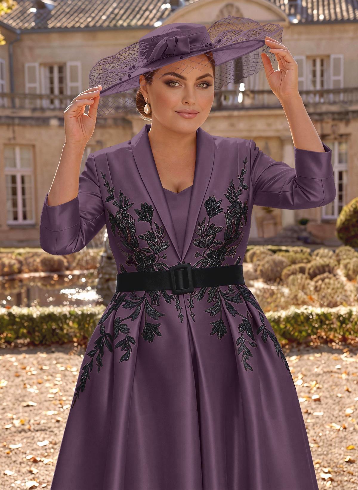 Ball-Gown V-Neck 3/4 Sleeves Tea-Length Satin Mother Of The Bride Dresses With Flower(s)