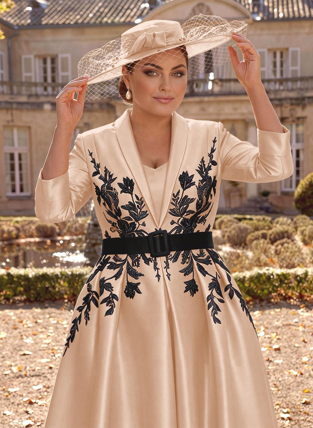 Ball-Gown V-Neck 3/4 Sleeves Tea-Length Satin Mother Of The Bride Dresses With Flower(s)