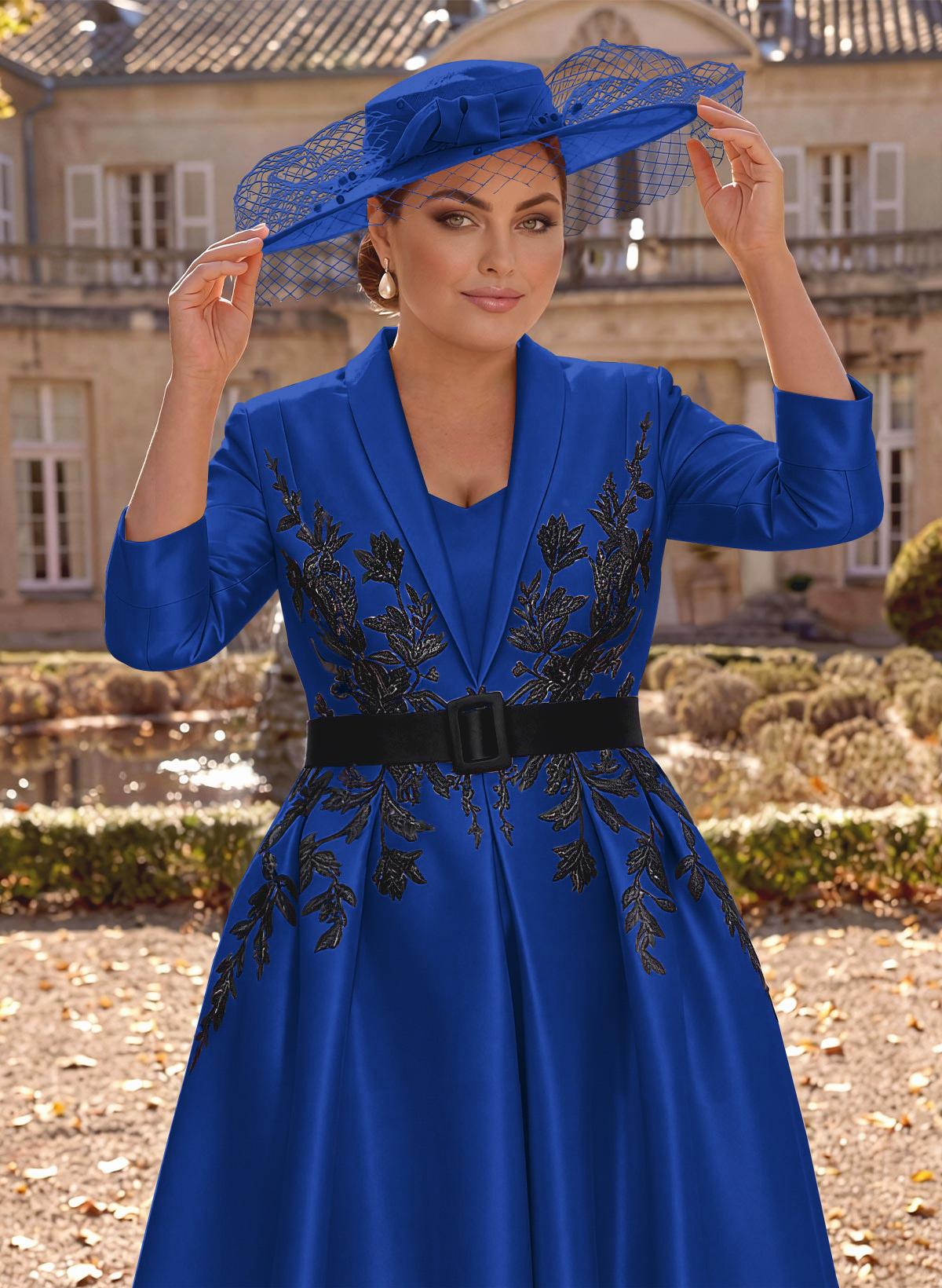 Ball-Gown V-Neck 3/4 Sleeves Tea-Length Satin Mother Of The Bride Dresses With Flower(s)