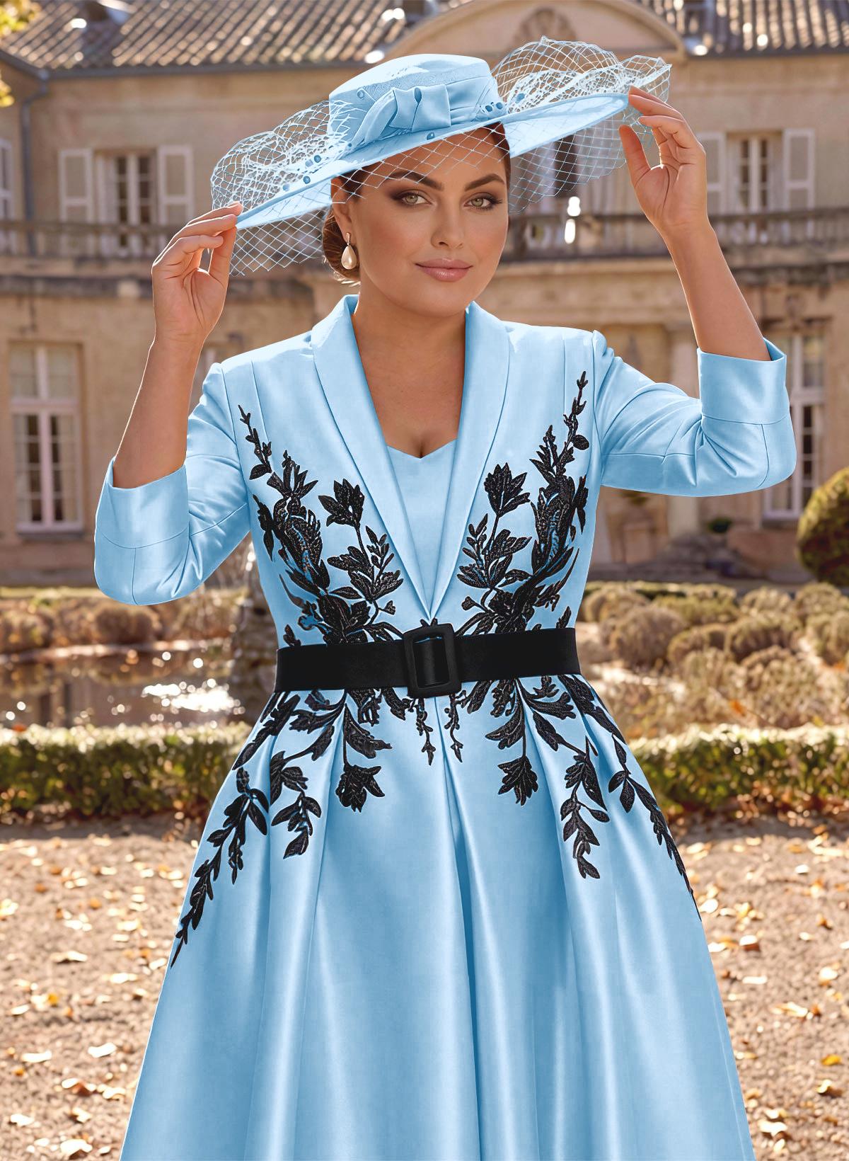 Ball-Gown V-Neck 3/4 Sleeves Tea-Length Satin Mother Of The Bride Dresses With Flower(s)
