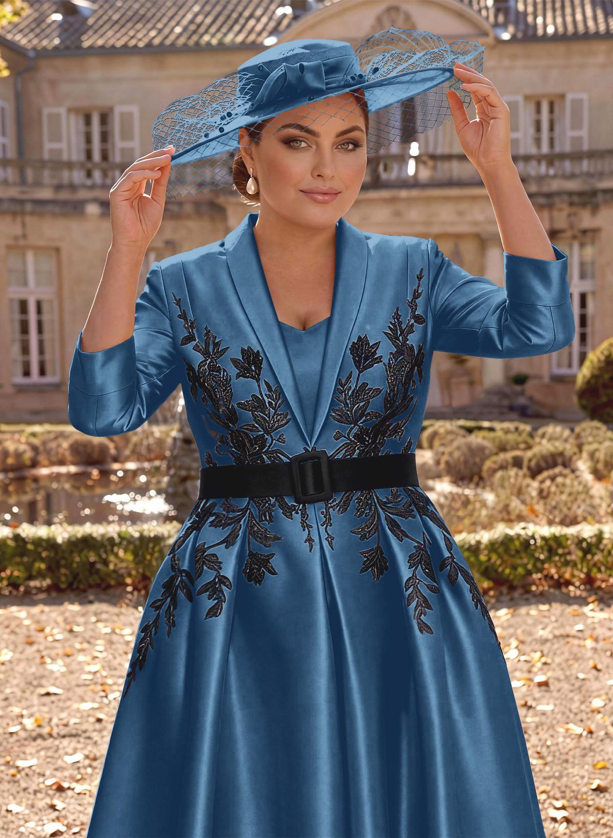 Ball-Gown V-Neck 3/4 Sleeves Tea-Length Satin Mother Of The Bride Dresses With Flower(s)