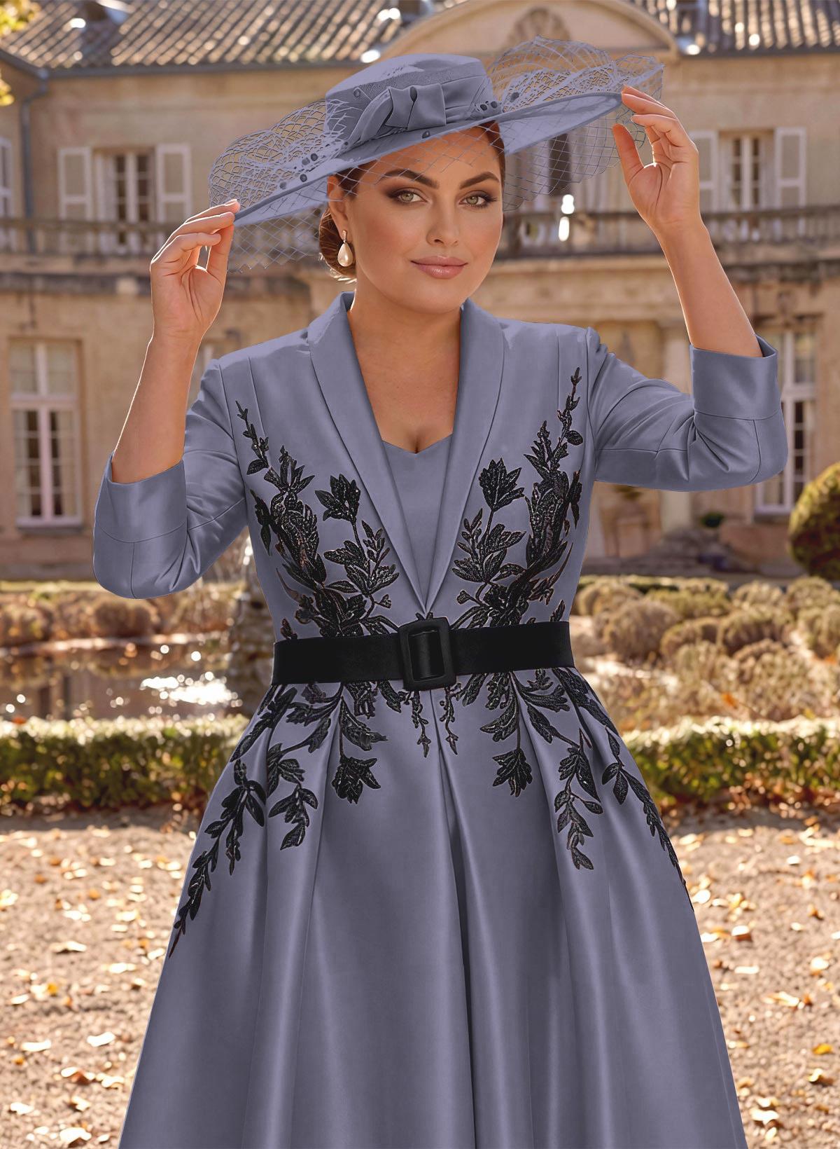 Ball-Gown V-Neck 3/4 Sleeves Tea-Length Satin Mother Of The Bride Dresses With Flower(s)