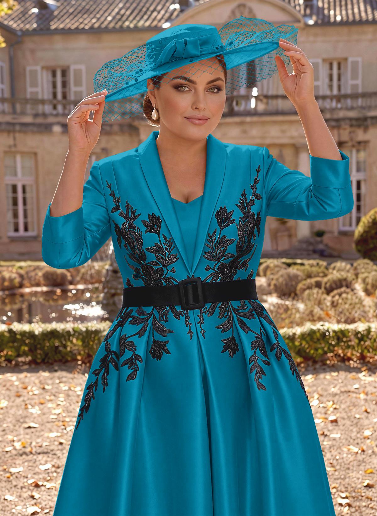 Ball-Gown V-Neck 3/4 Sleeves Tea-Length Satin Mother Of The Bride Dresses With Flower(s)
