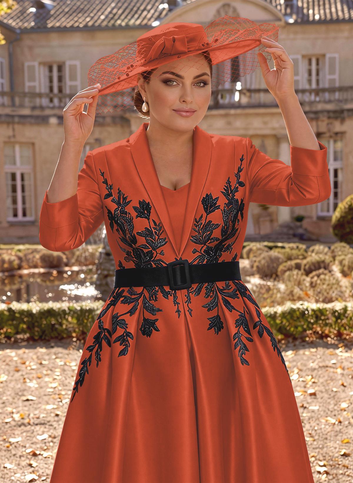 Ball-Gown V-Neck 3/4 Sleeves Tea-Length Satin Mother Of The Bride Dresses With Flower(s)