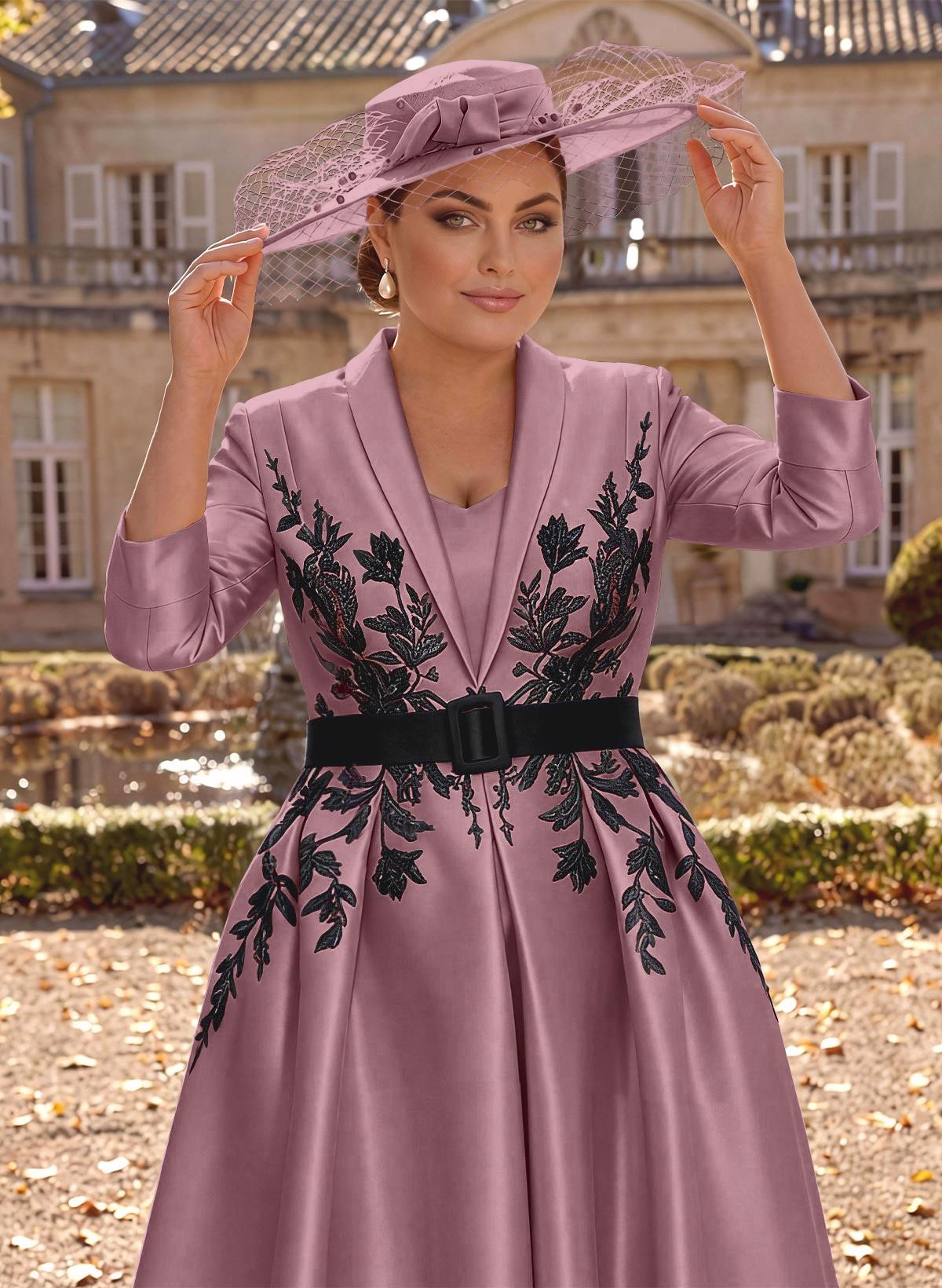 Ball-Gown V-Neck 3/4 Sleeves Tea-Length Satin Mother Of The Bride Dresses With Flower(s)