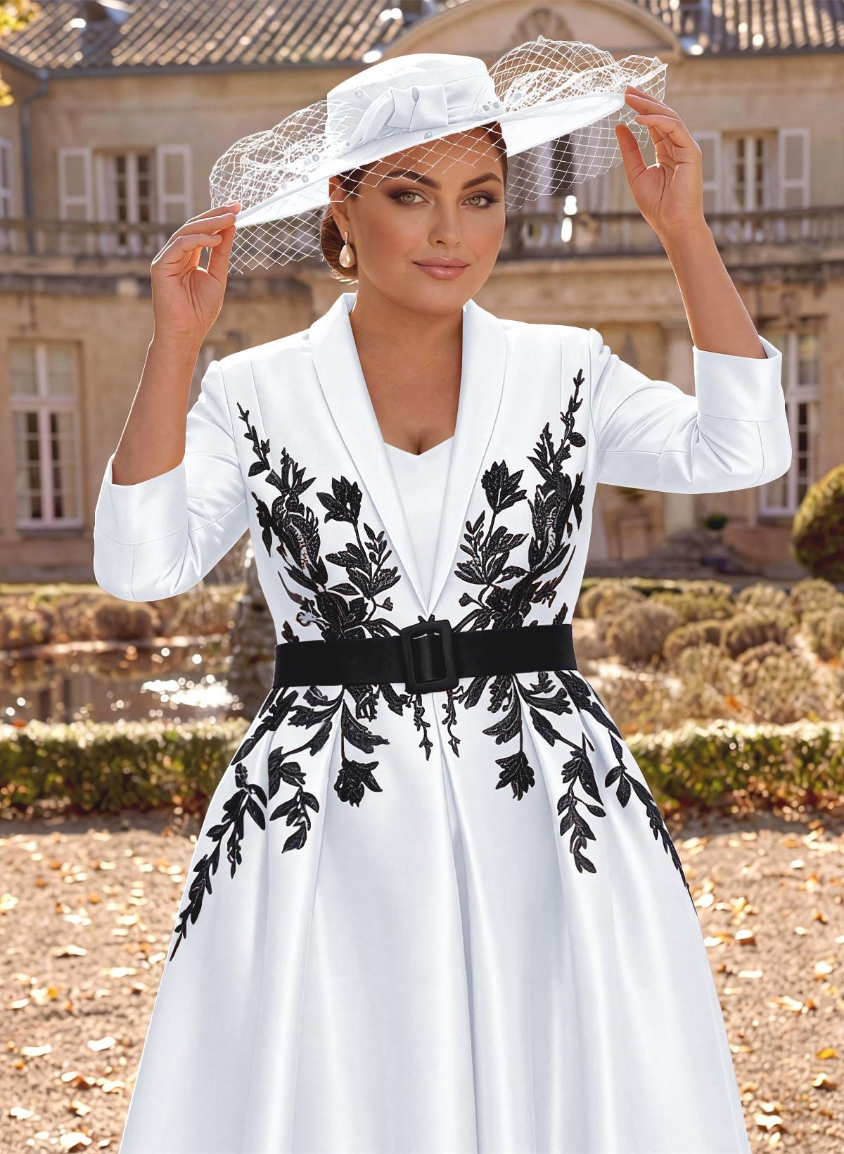Ball-Gown V-Neck 3/4 Sleeves Tea-Length Satin Mother Of The Bride Dresses With Flower(s)