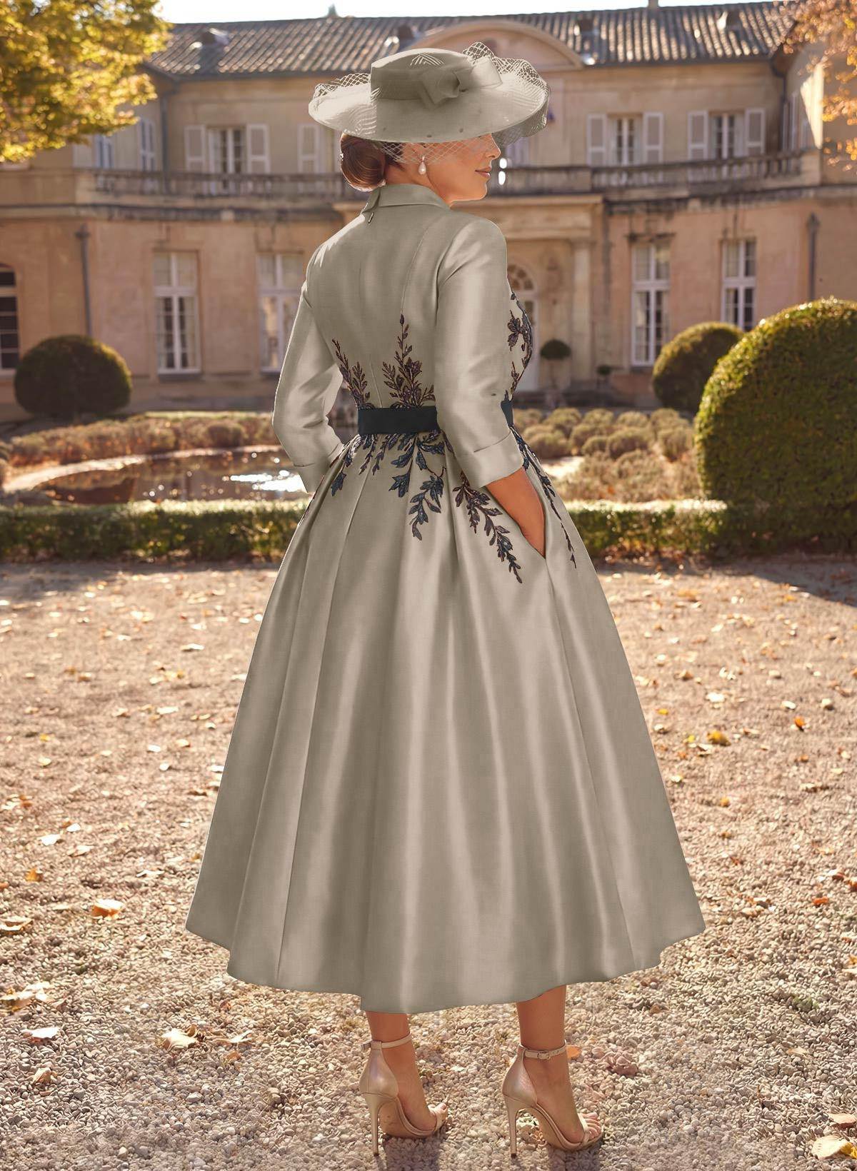 Ball-Gown V-Neck 3/4 Sleeves Tea-Length Satin Mother Of The Bride Dresses With Flower(s)