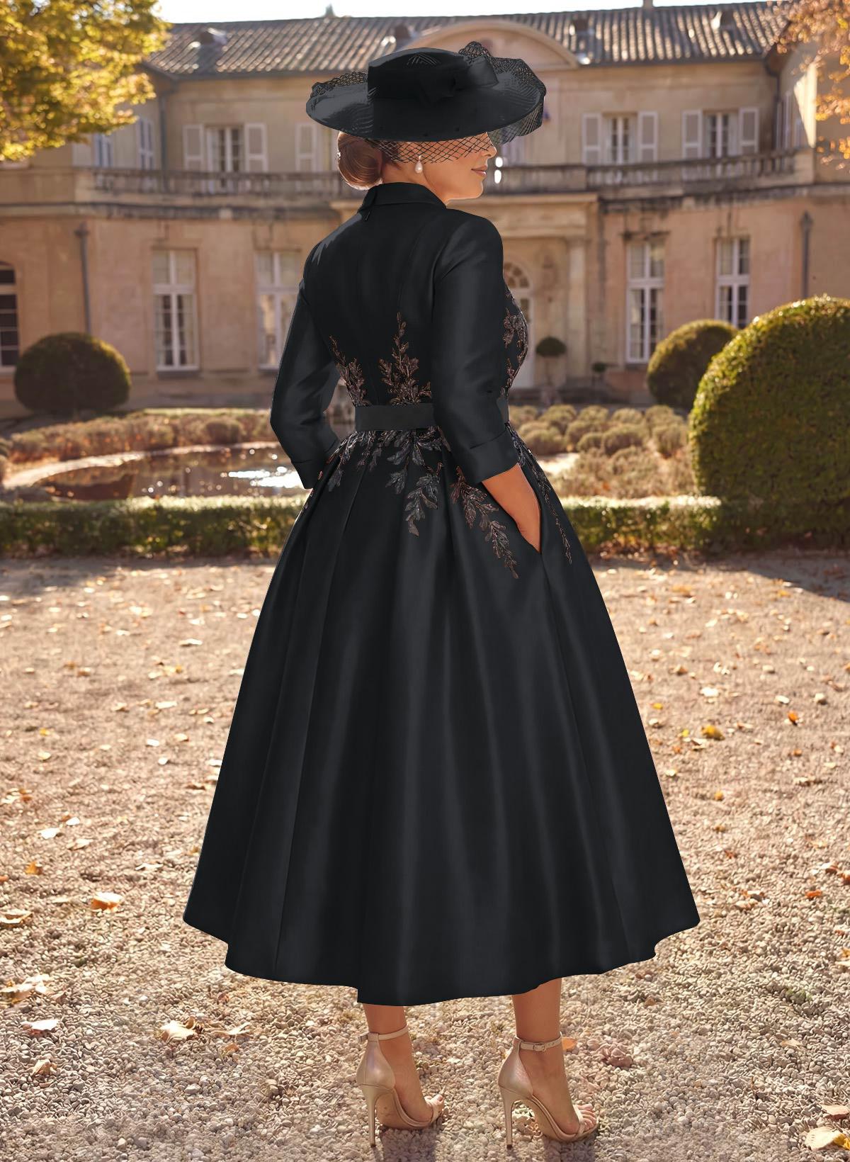 Ball-Gown V-Neck 3/4 Sleeves Tea-Length Satin Mother Of The Bride Dresses With Flower(s)