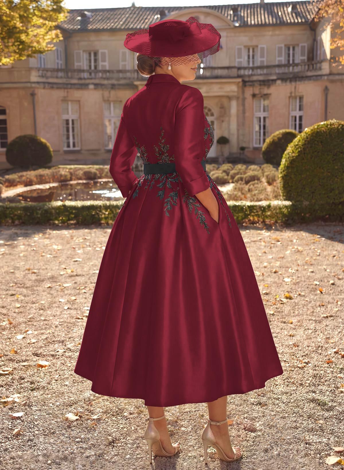 Ball-Gown V-Neck 3/4 Sleeves Tea-Length Satin Mother Of The Bride Dresses With Flower(s)