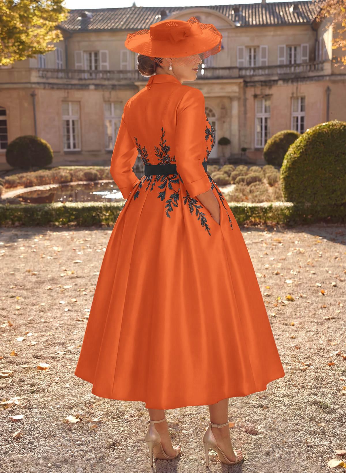 Ball-Gown V-Neck 3/4 Sleeves Tea-Length Satin Mother Of The Bride Dresses With Flower(s)