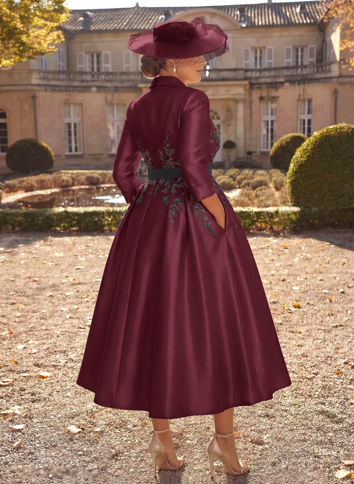 Ball-Gown V-Neck 3/4 Sleeves Tea-Length Satin Mother Of The Bride Dresses With Flower(s)