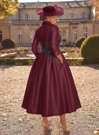 Ball-Gown V-Neck 3/4 Sleeves Tea-Length Satin Mother Of The Bride Dresses With Flower(s)
