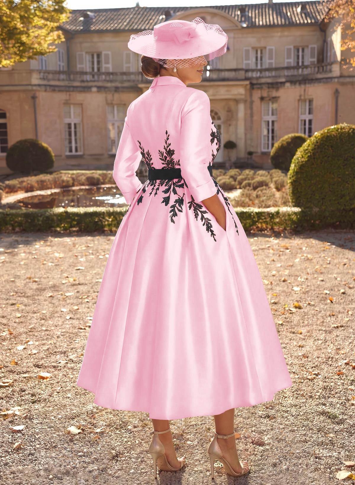Ball-Gown V-Neck 3/4 Sleeves Tea-Length Satin Mother Of The Bride Dresses With Flower(s)