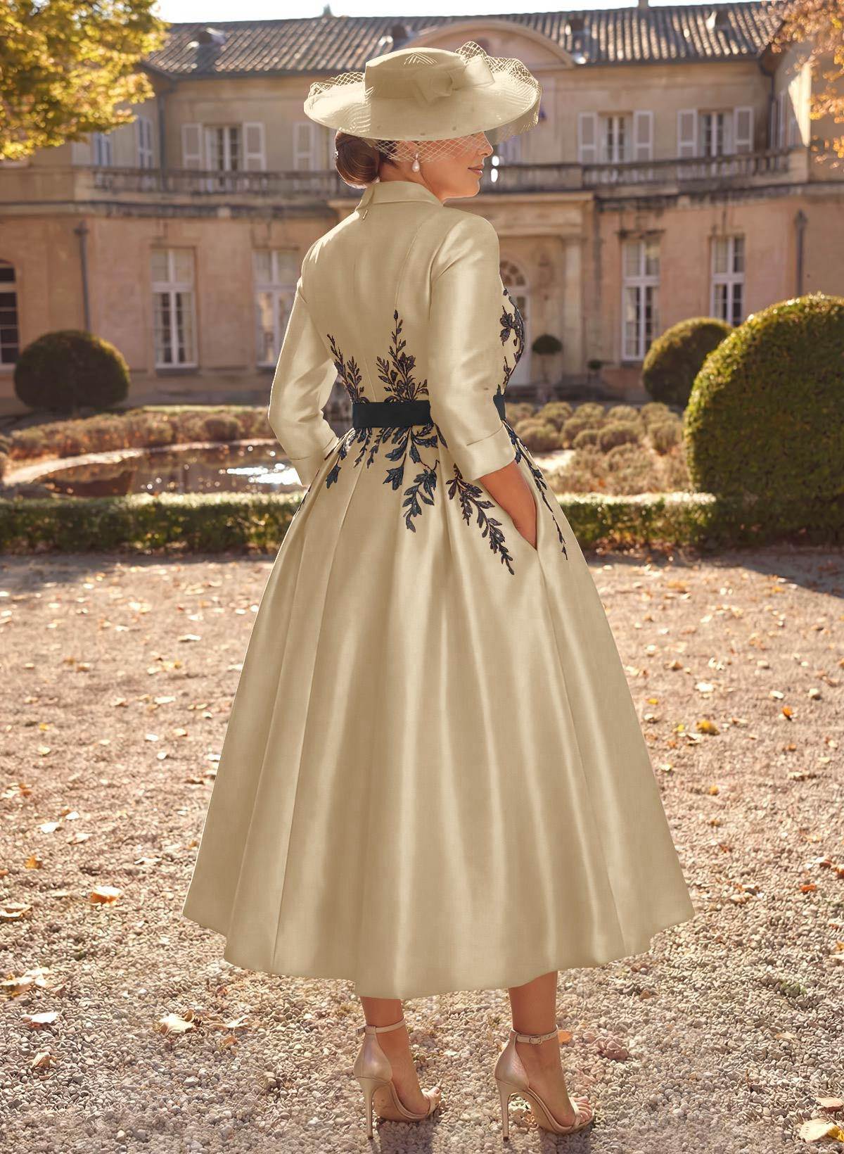 Ball-Gown V-Neck 3/4 Sleeves Tea-Length Satin Mother Of The Bride Dresses With Flower(s)