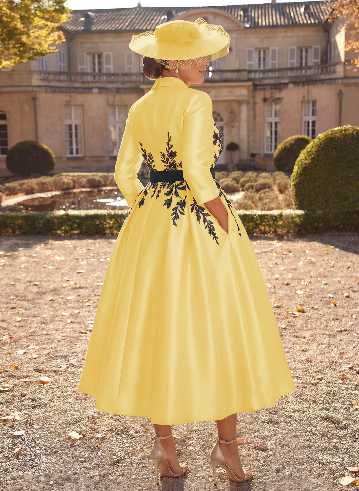 Ball-Gown V-Neck 3/4 Sleeves Tea-Length Satin Mother Of The Bride Dresses With Flower(s)