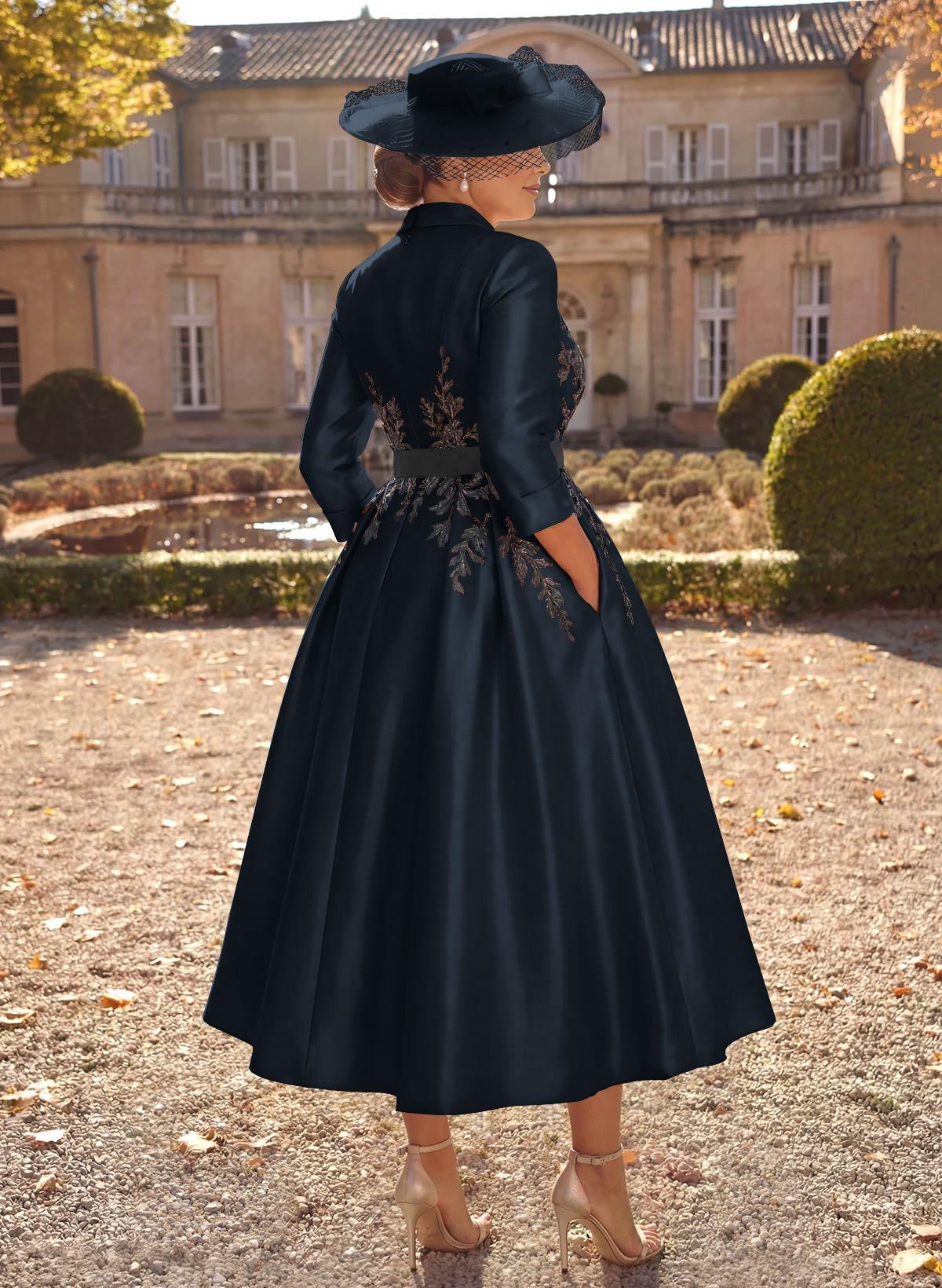 Ball-Gown V-Neck 3/4 Sleeves Tea-Length Satin Mother Of The Bride Dresses With Flower(s)