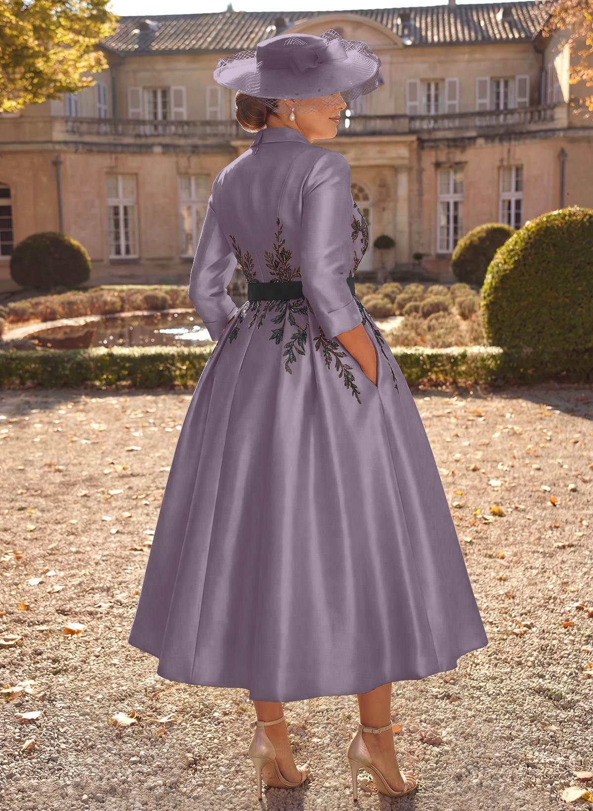 Ball-Gown V-Neck 3/4 Sleeves Tea-Length Satin Mother Of The Bride Dresses With Flower(s)