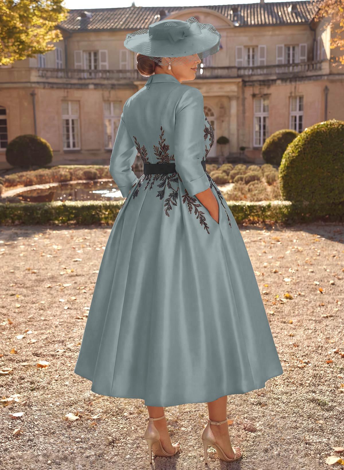Ball-Gown V-Neck 3/4 Sleeves Tea-Length Satin Mother Of The Bride Dresses With Flower(s)