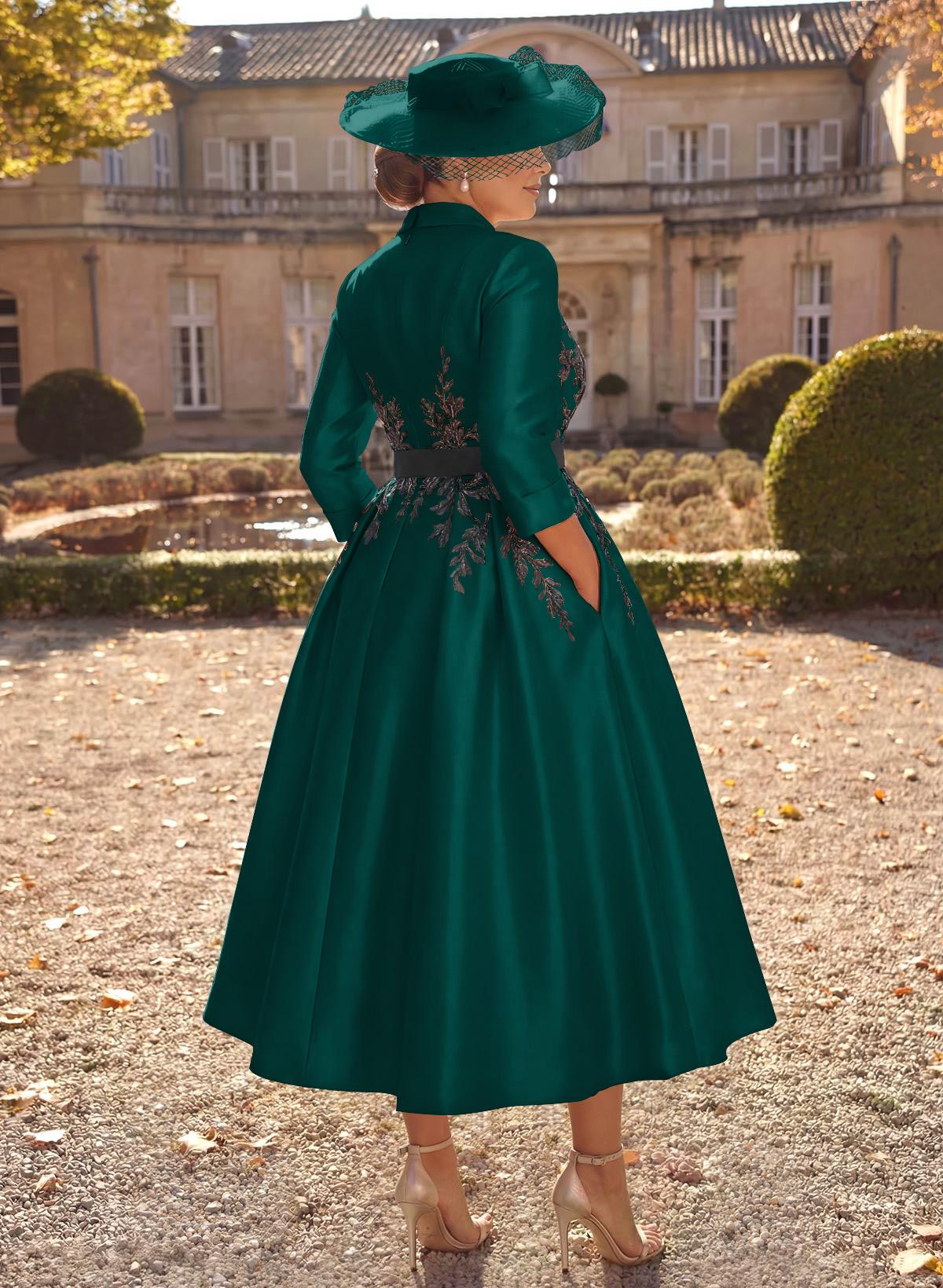 Ball-Gown V-Neck 3/4 Sleeves Tea-Length Satin Mother Of The Bride Dresses With Flower(s)