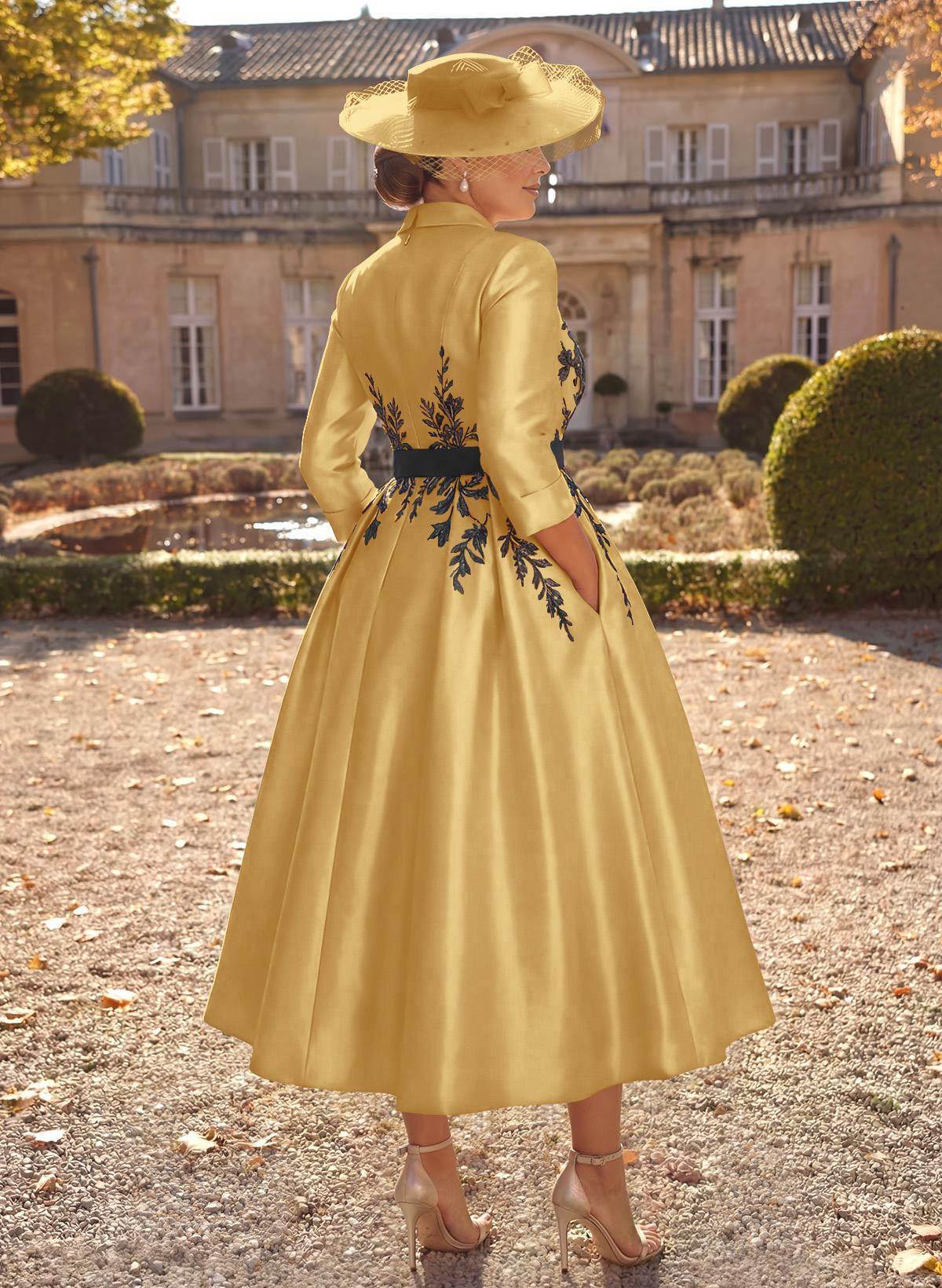 Ball-Gown V-Neck 3/4 Sleeves Tea-Length Satin Mother Of The Bride Dresses With Flower(s)