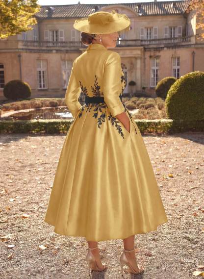 Ball-Gown V-Neck 3/4 Sleeves Tea-Length Satin Mother Of The Bride Dresses With Flower(s)