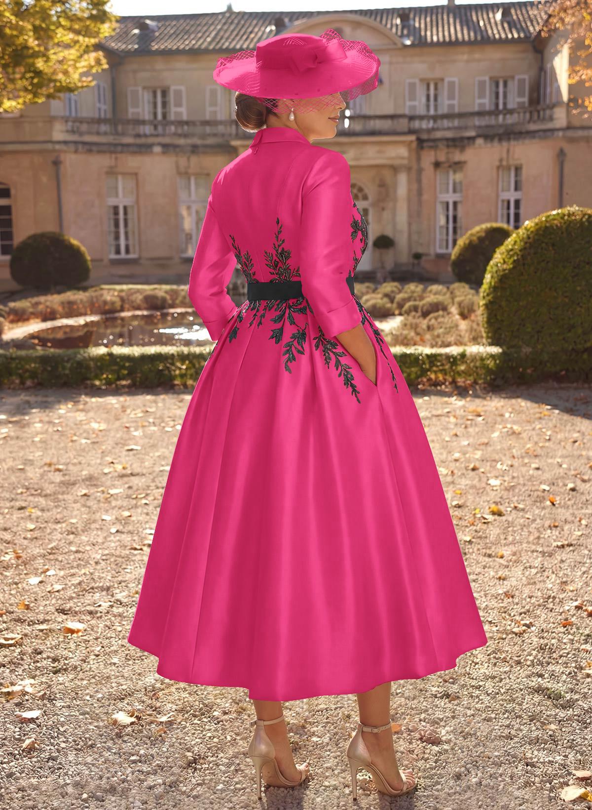 Ball-Gown V-Neck 3/4 Sleeves Tea-Length Satin Mother Of The Bride Dresses With Flower(s)