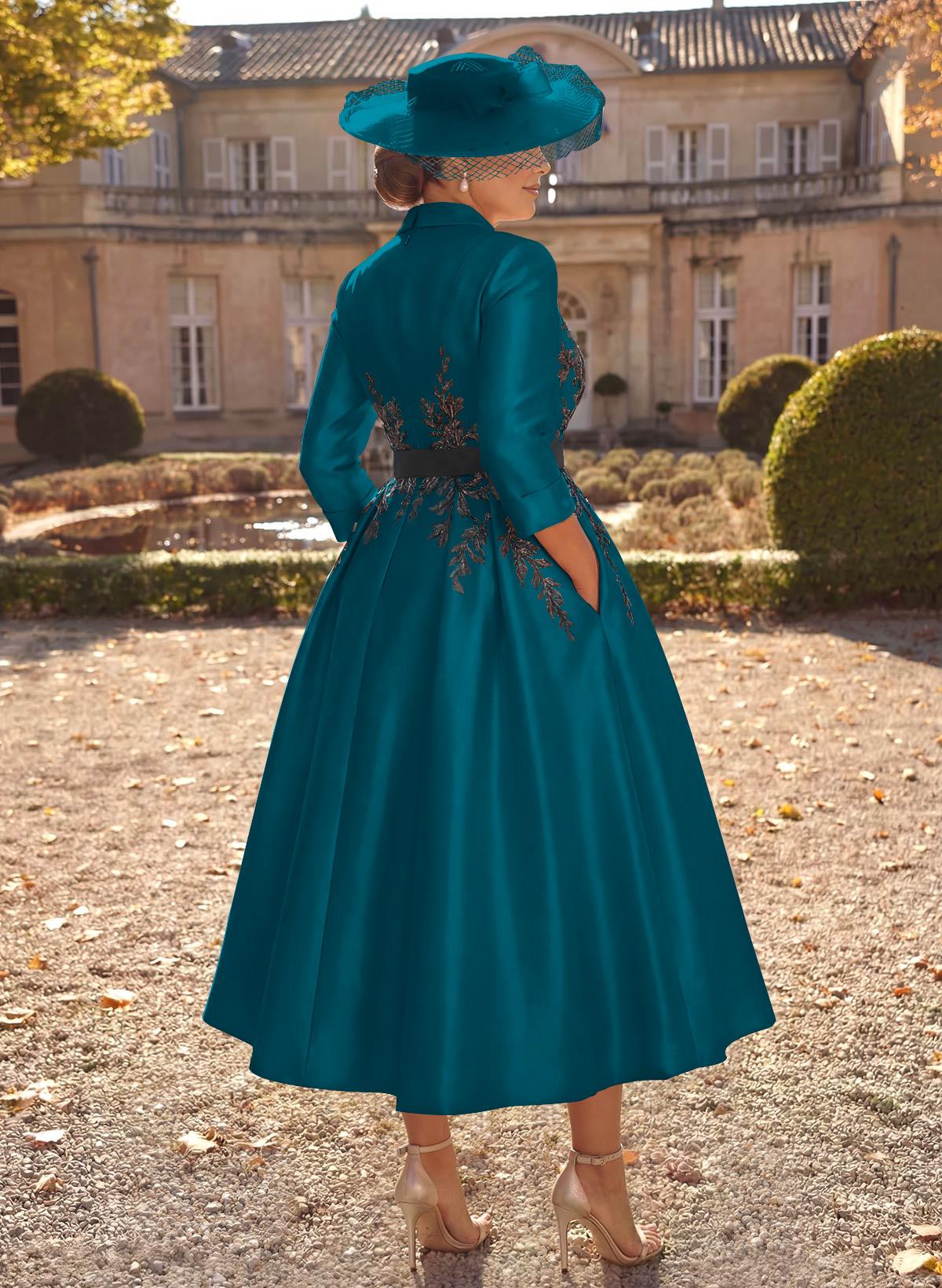 Ball-Gown V-Neck 3/4 Sleeves Tea-Length Satin Mother Of The Bride Dresses With Flower(s)