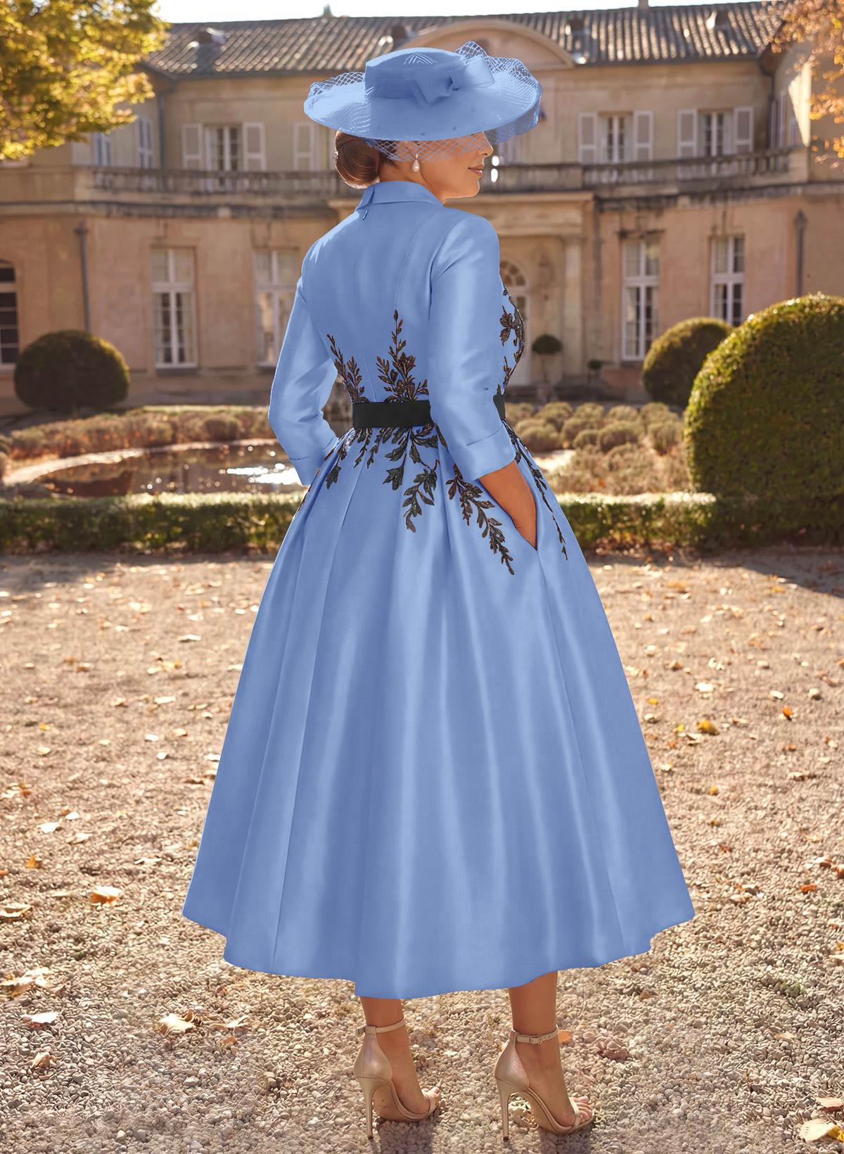 Ball-Gown V-Neck 3/4 Sleeves Tea-Length Satin Mother Of The Bride Dresses With Flower(s)
