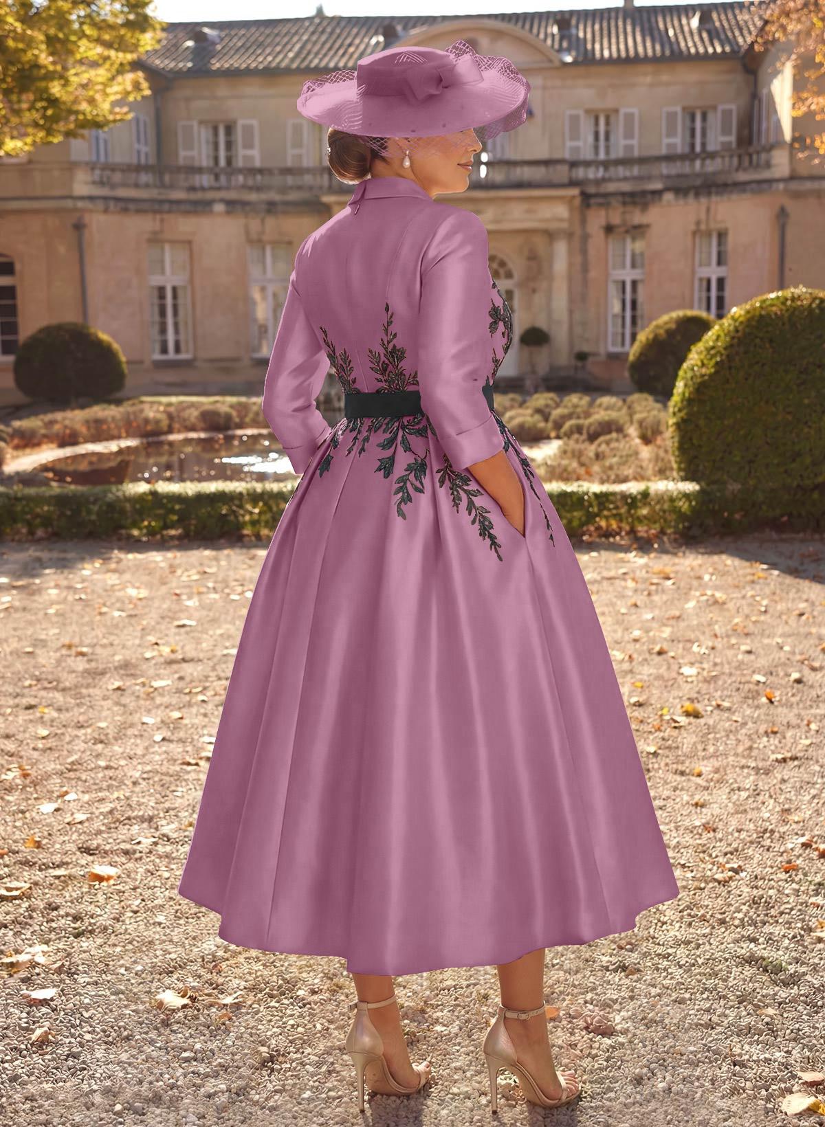 Ball-Gown V-Neck 3/4 Sleeves Tea-Length Satin Mother Of The Bride Dresses With Flower(s)