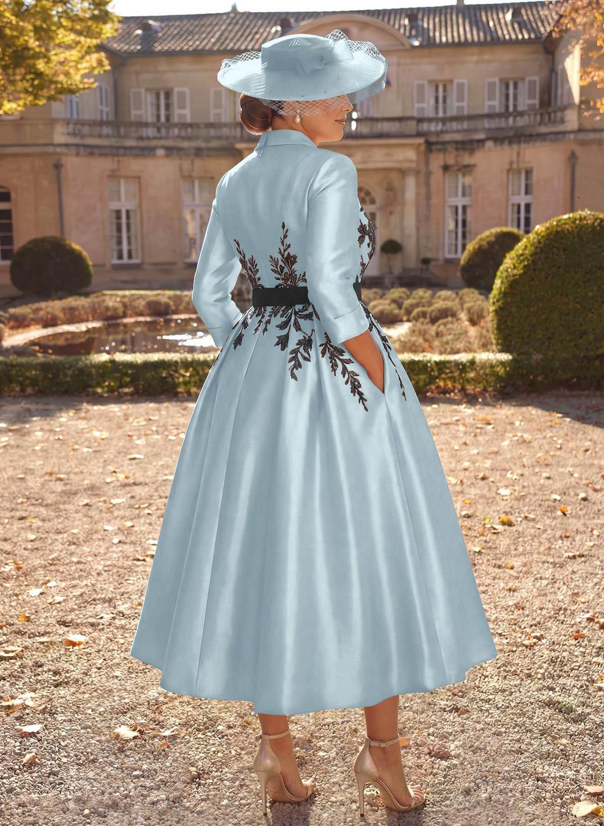 Ball-Gown V-Neck 3/4 Sleeves Tea-Length Satin Mother Of The Bride Dresses With Flower(s)