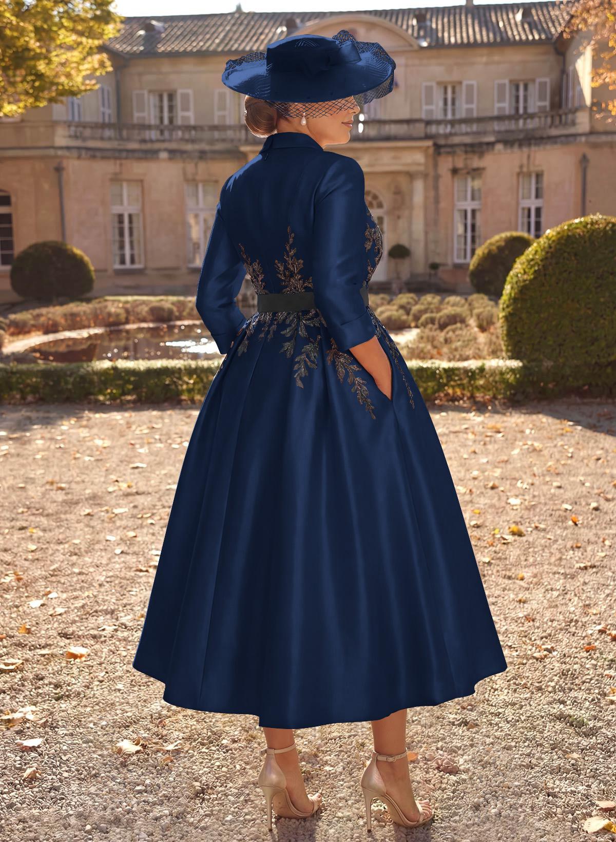 Ball-Gown V-Neck 3/4 Sleeves Tea-Length Satin Mother Of The Bride Dresses With Flower(s)