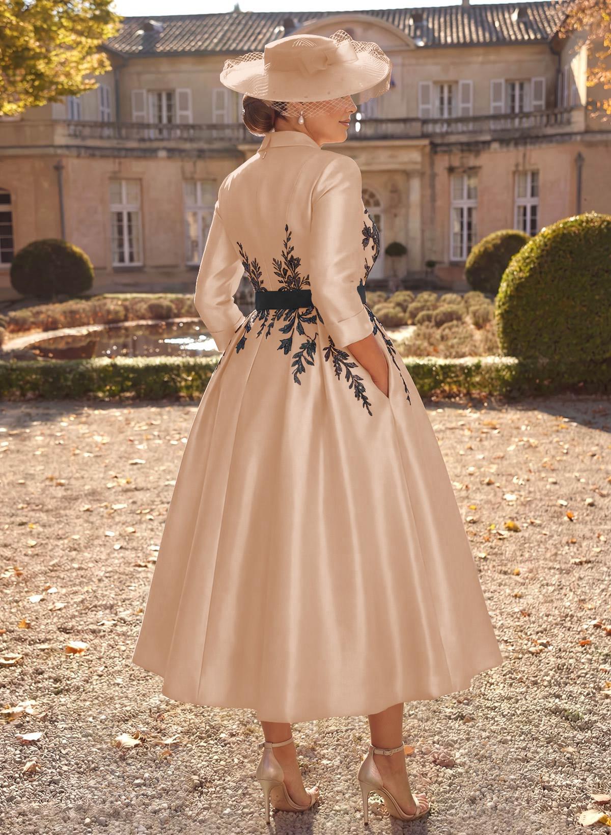 Ball-Gown V-Neck 3/4 Sleeves Tea-Length Satin Mother Of The Bride Dresses With Flower(s)