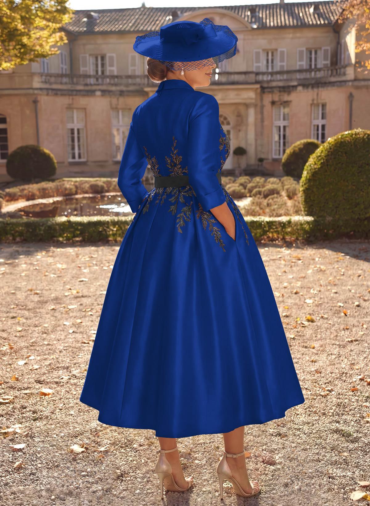 Ball-Gown V-Neck 3/4 Sleeves Tea-Length Satin Mother Of The Bride Dresses With Flower(s)