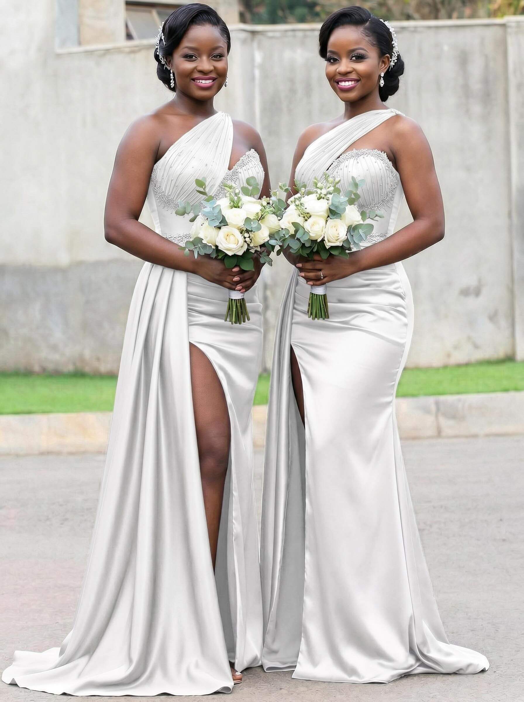 Trumpet/Mermaid Asymmetrical Sweep Train Charmeuse Bridesmaid Dresses With Rhinestone/High Split