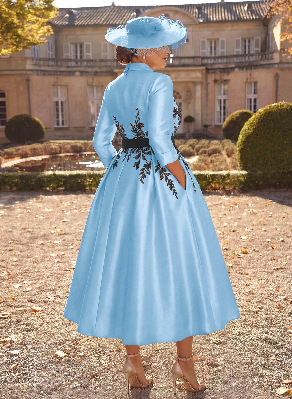 Ball-Gown V-Neck 3/4 Sleeves Tea-Length Satin Mother Of The Bride Dresses With Flower(s)