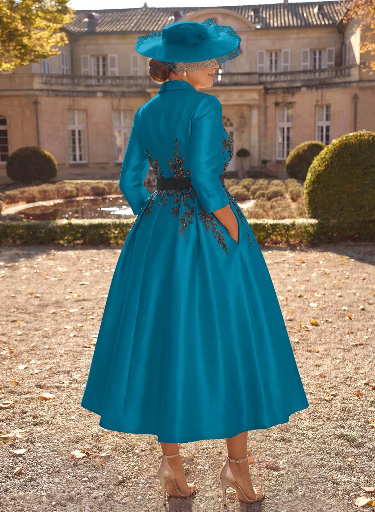 Ball-Gown V-Neck 3/4 Sleeves Tea-Length Satin Mother Of The Bride Dresses With Flower(s)